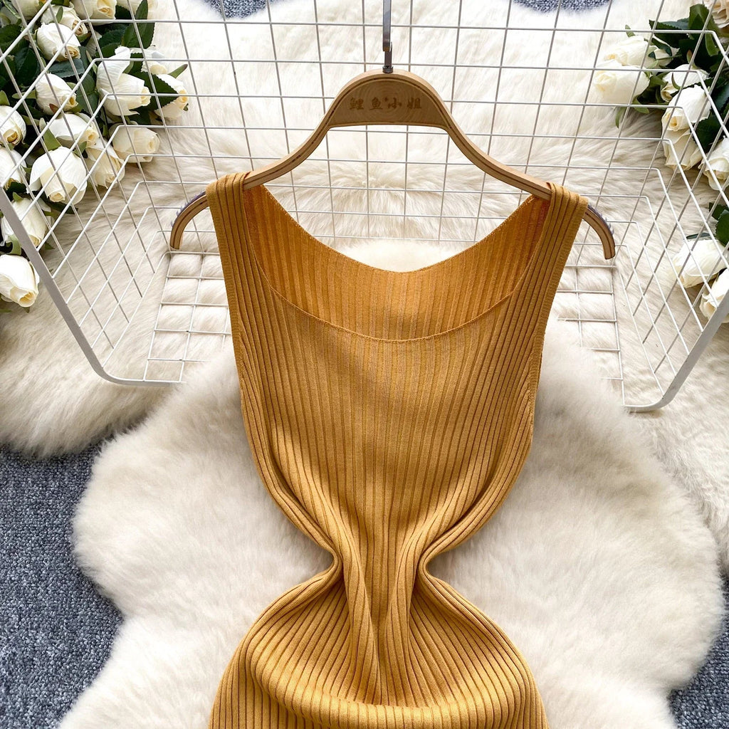 Knit Maxi Dress Women Sleeveless O Neck Bodycon Solid
