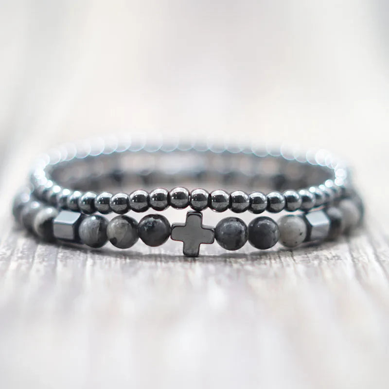Men's Hematite Cross Bracelet Set with Natural Lava and Tiger Eye Stones Beaded Bracelets for Stylish Accessories