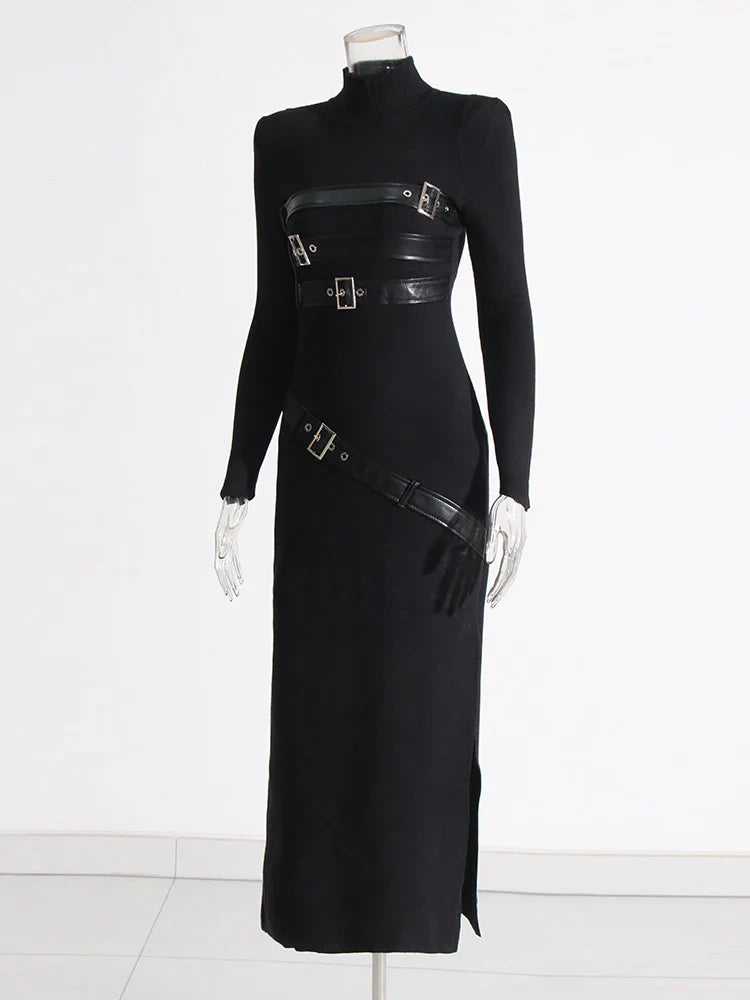 Spliced Belt A Line Dress For Women Stand Collar Sleeve