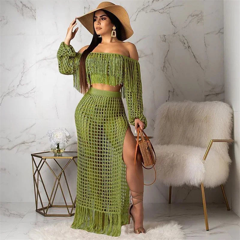 Fringed Tassel Two Piece Women's Beachwear Set Crochet Hollow Out See Through Crop Top and Long Skirt Vacation Outfit