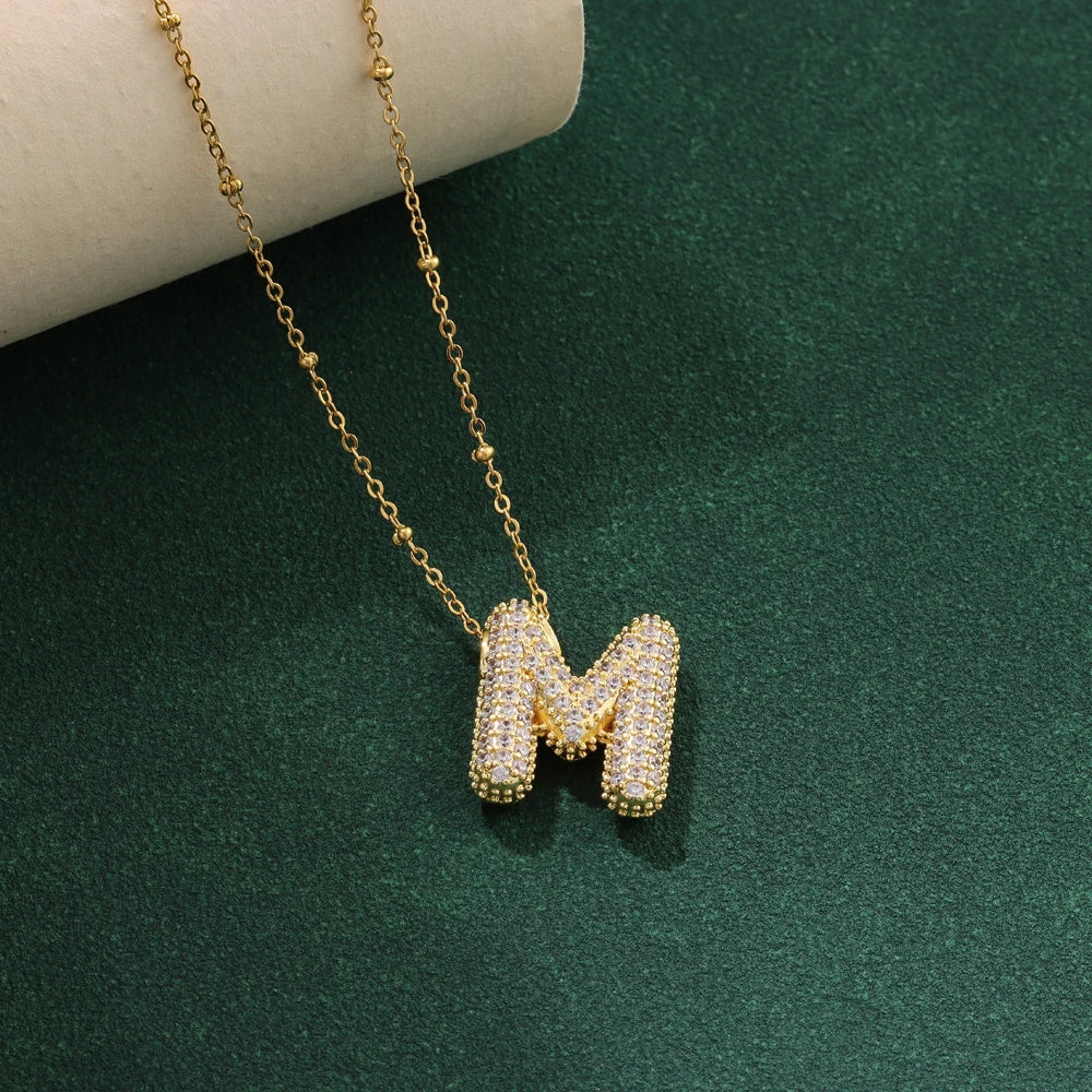 Luxury Zircon Crystal Initial Necklace for Women Stainless Steel Choker Chain Jewelry