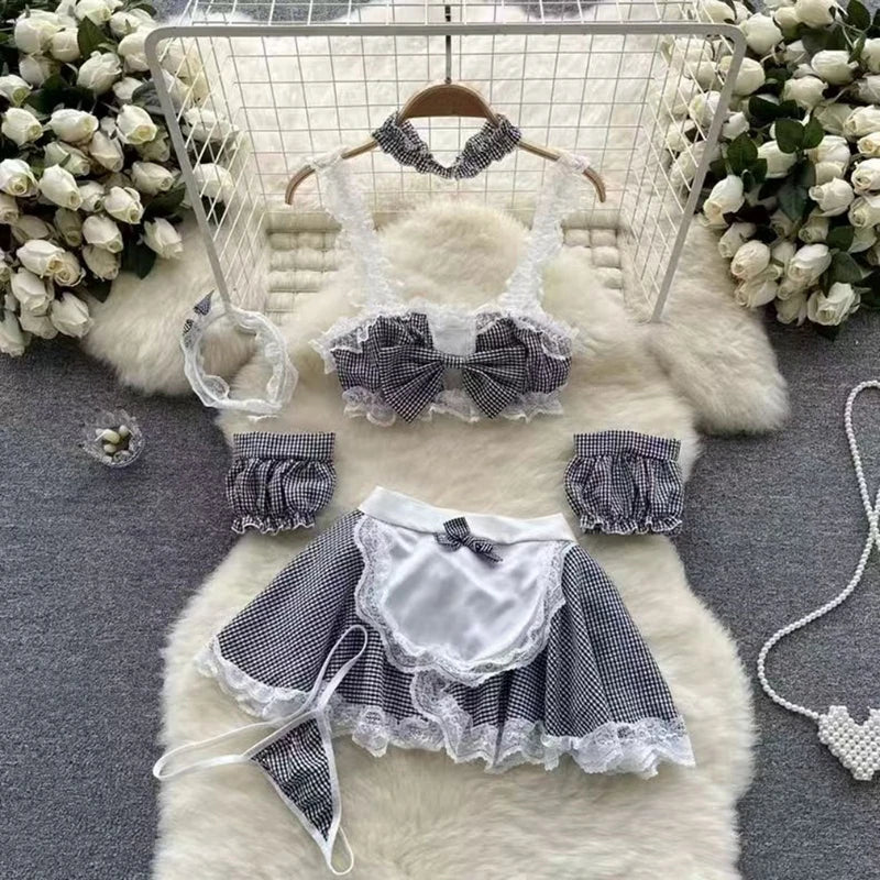 Sexy Maidservant Apron Dress Three Piece Set Lace Trimmed Plaid Cosplay Lingerie Nightwear for Women