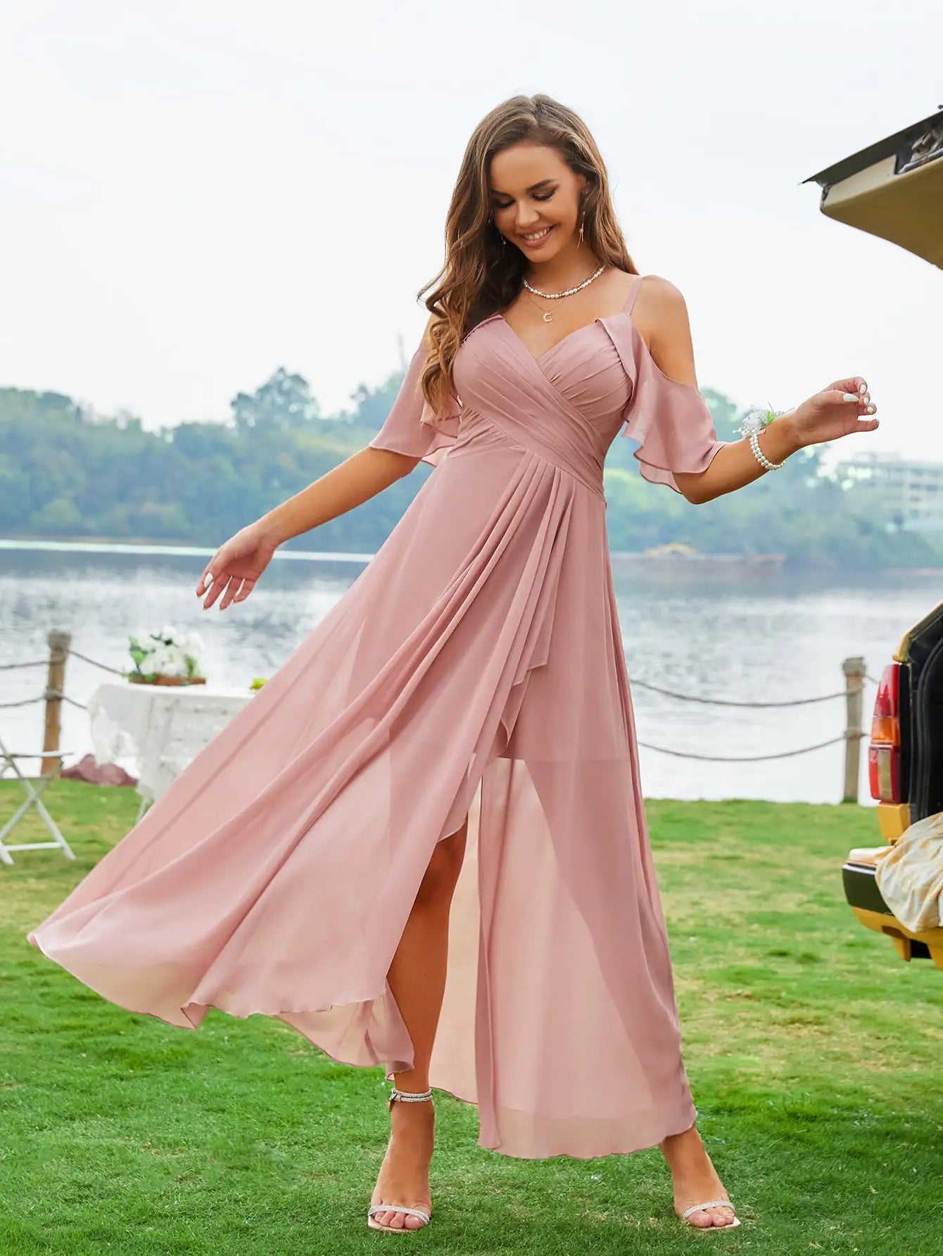Pink Chiffon Bridesmaid Dress With Cold Shoulder Tulip Hem