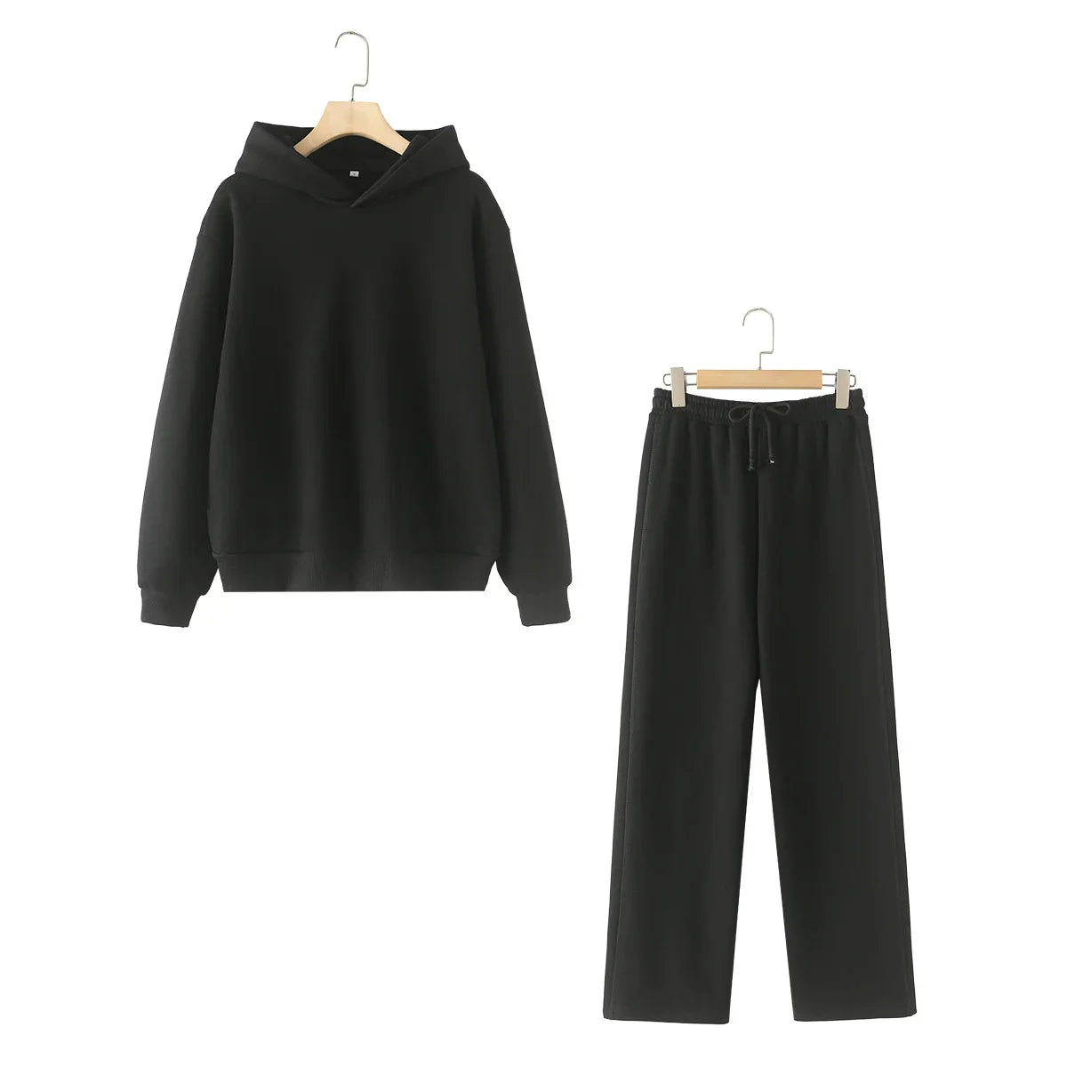 Solid Hoodie Top and Wide Leg Long Pant Set for Women with Elastic Waist and Chic Lace-Up Design