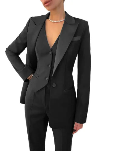 Black Women's 3 Piece Suit Set Blazer Vest Pants for Office