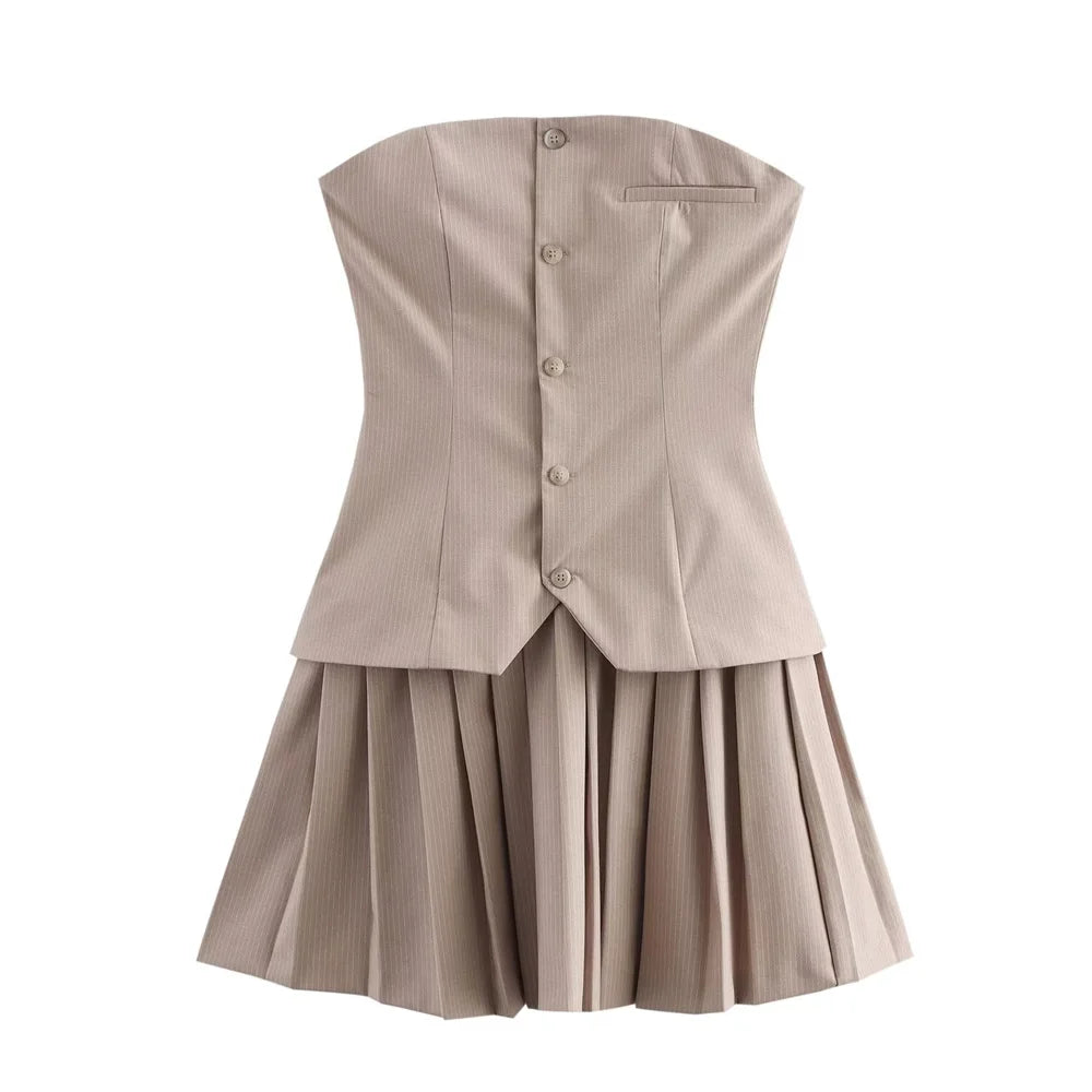 Striped Strapless Mini Dress With Folded Hem And Button