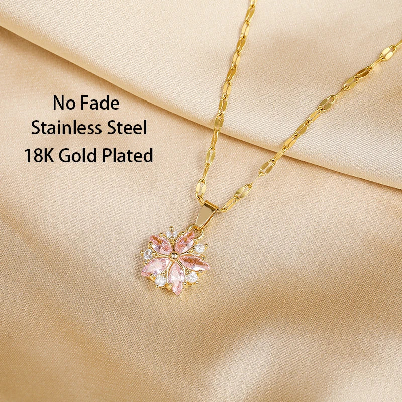Cute Pink Sakura Pendant Stainless Steel Necklace for Women with Clavicle Chain and 18K Gold Plating, Perfect Gift for Fashion Lovers