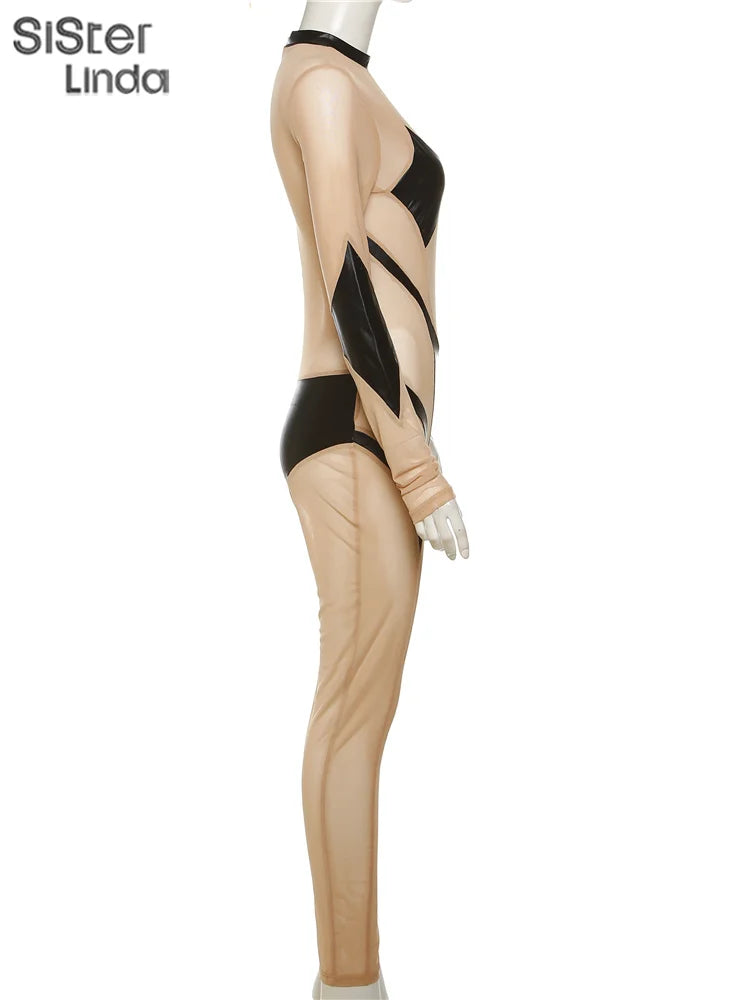Sexy Mesh Patchwork Long Sleeve Skinny See-Through Zip One-Piece Jumpsuit for Women Party Clubwear