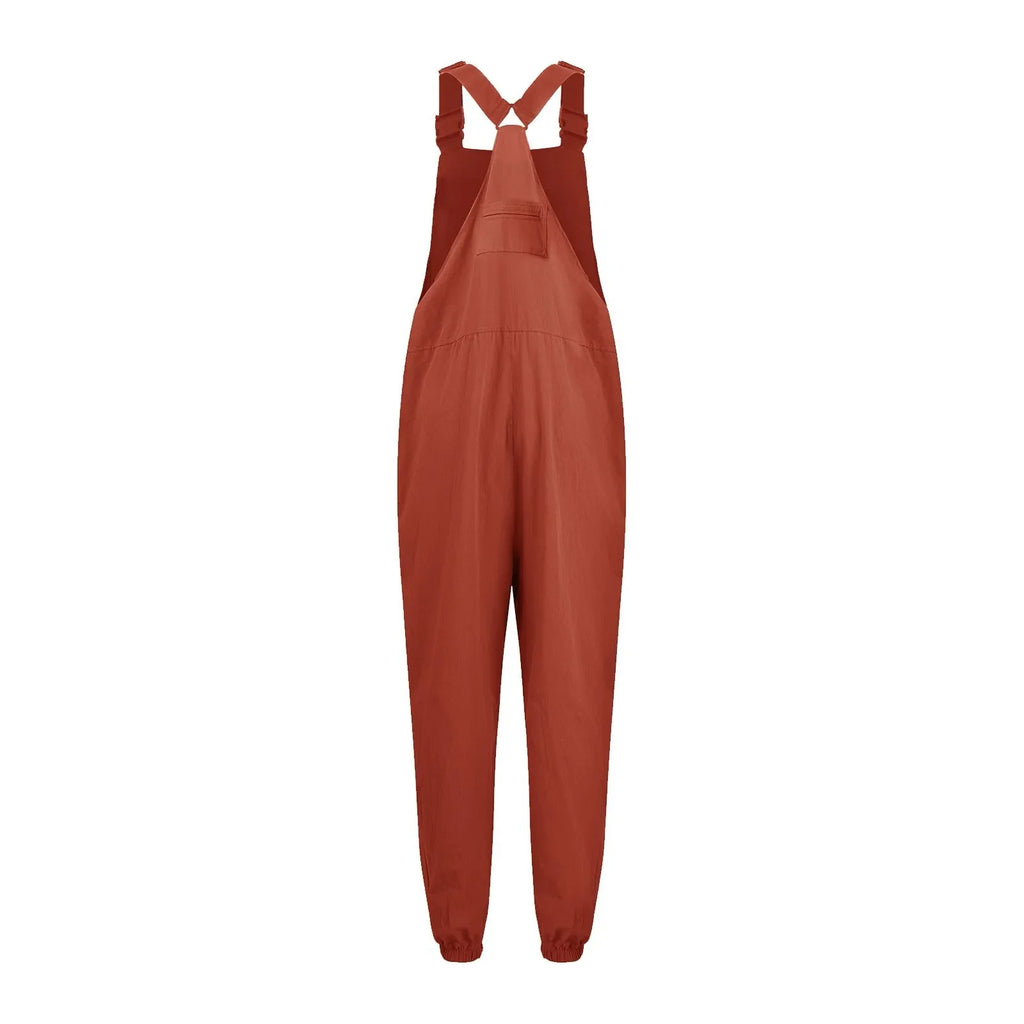 Women's Summer Casual Loose Wide Leg Jumpsuit with Adjustable Straps Pockets and Retro Button Detail Solid Color Sleeveless Overalls
