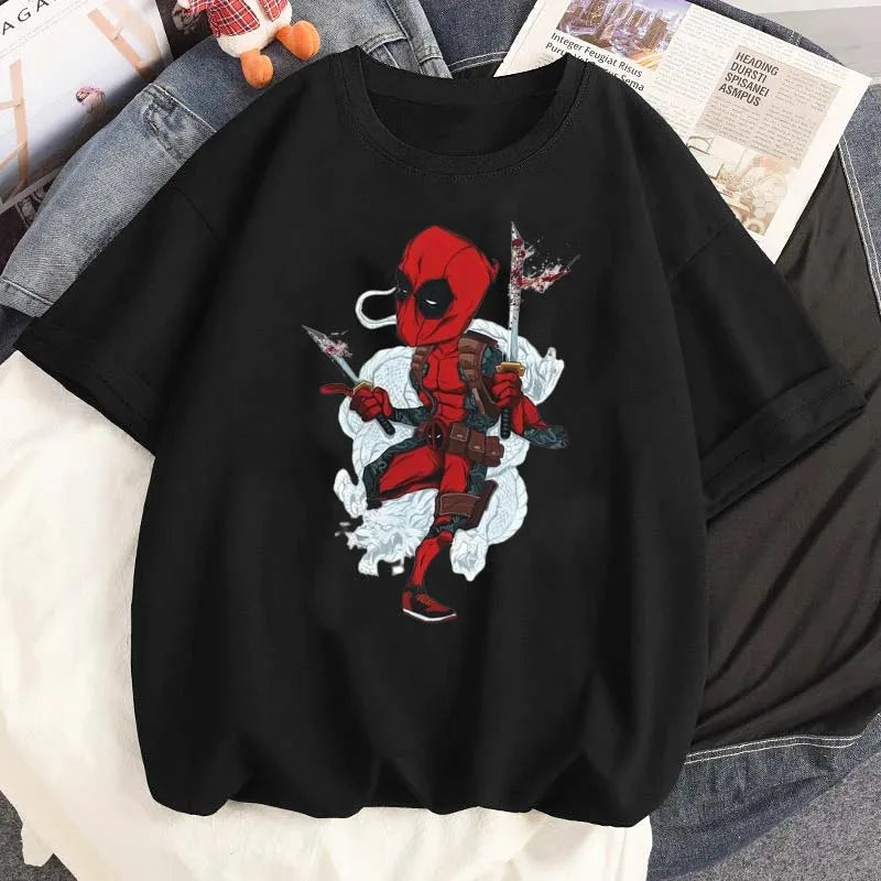 Cartoon Disney Marvel Deadpool Printed T-Shirt for Women Casual Summer Street Wear O-Neck Short Sleeve Tee