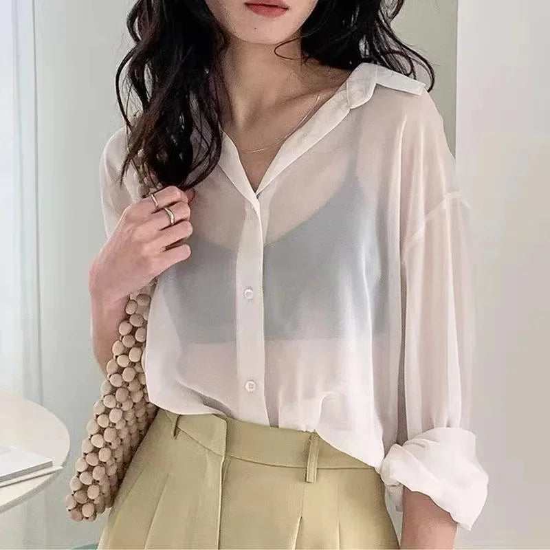 Women's Long Sleeve Chiffon Blouse Lightweight Sun-Proof Casual Top Simple Solid Color Basic Sexy Shirt