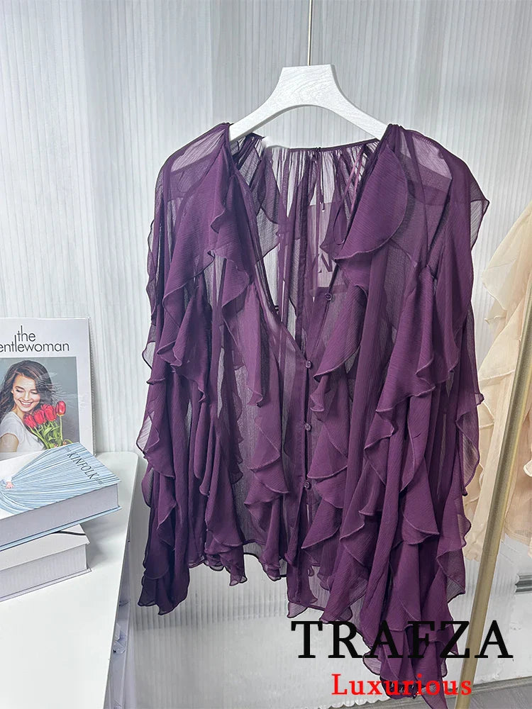 Burgundy Mesh Ruffle Blouse for Women Long Sleeve Sheer Loose Fit Elegant Party Top