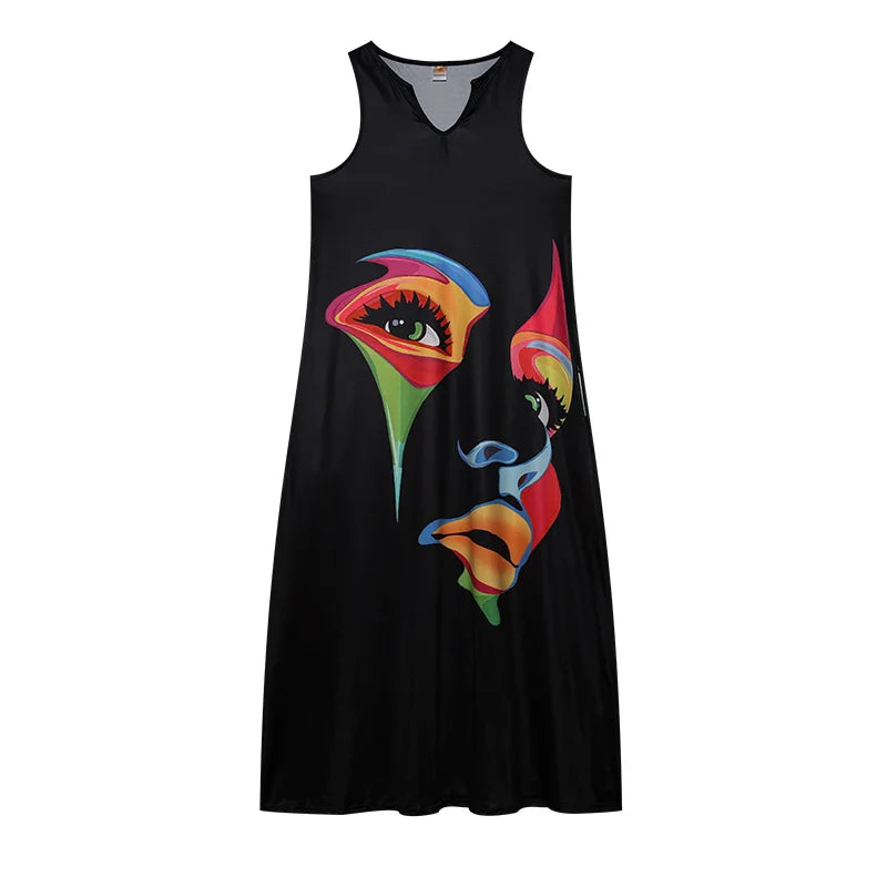 Retro Letter Print Sleeveless Dress With V Neck Style