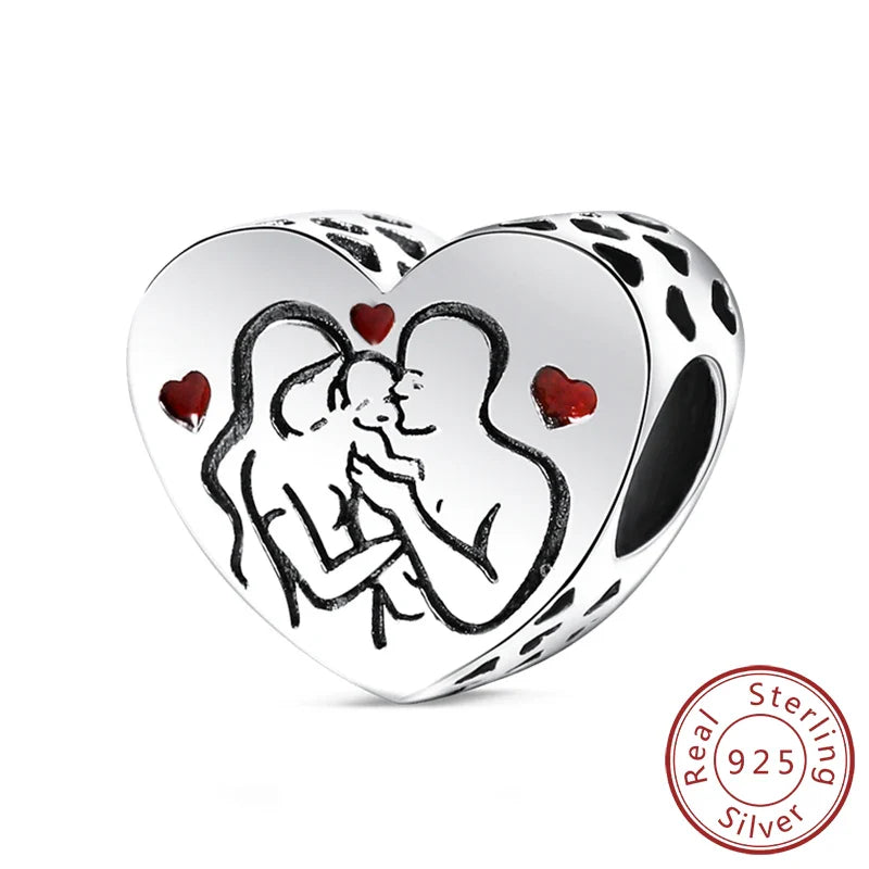 925 Sterling Silver Love Heart Family Charm Bead Pendant for Women's Bracelet Jewelry Gift