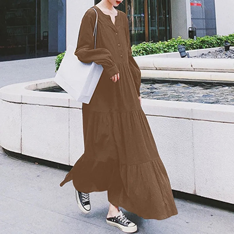 Womens Long Sleeve Swing Dress Cotton Hemp Casual Elegant