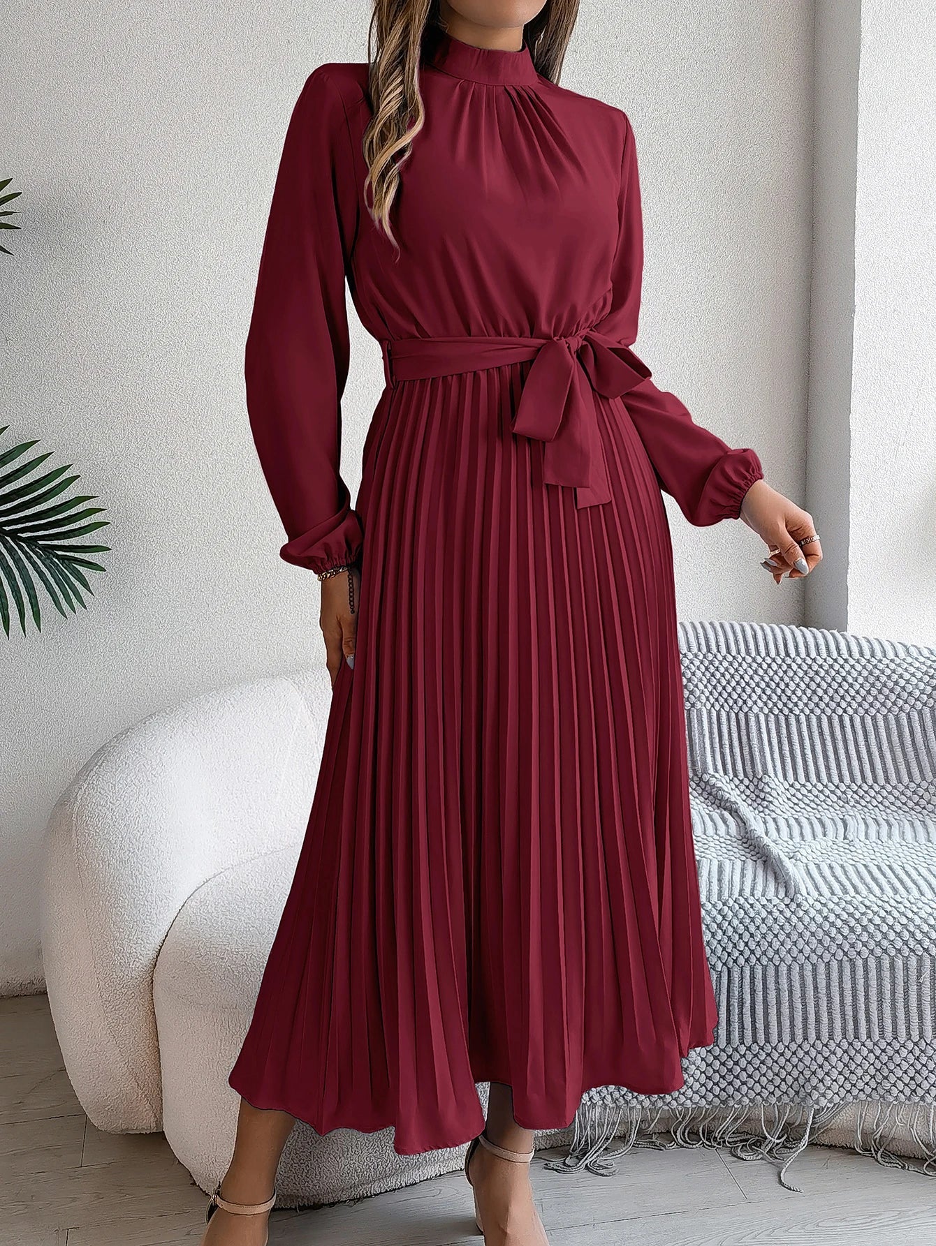 Elegant Pleated Lace Up Long Sleeve Maxi Dress For Spring