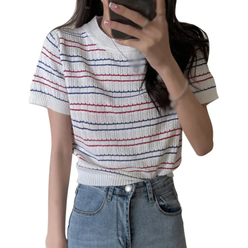 Summer Striped Women's Knitted Crop Top Casual O-Neck Short Sleeve T-Shirt Preppy Style Tees