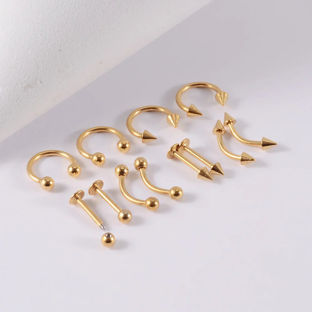 12 Piece Surgical Steel Piercing Jewelry Set with Gold Plated Black Rainbow Ear Nose and Eyebrow Labret 8mm