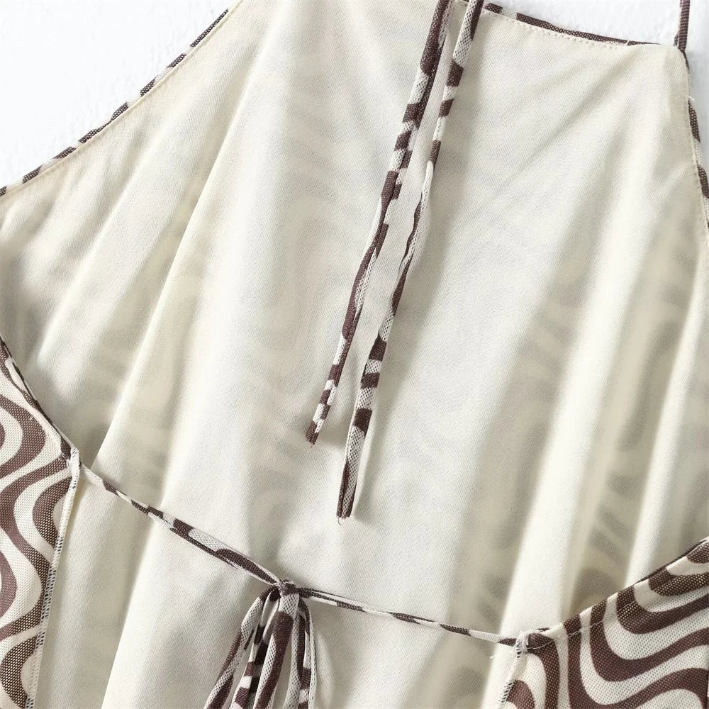 Women's Silk Screen Print Hanging Neck Open Back Top with High Waist Slimming Skirt Set Summer Fashion Two-Piece Outfit