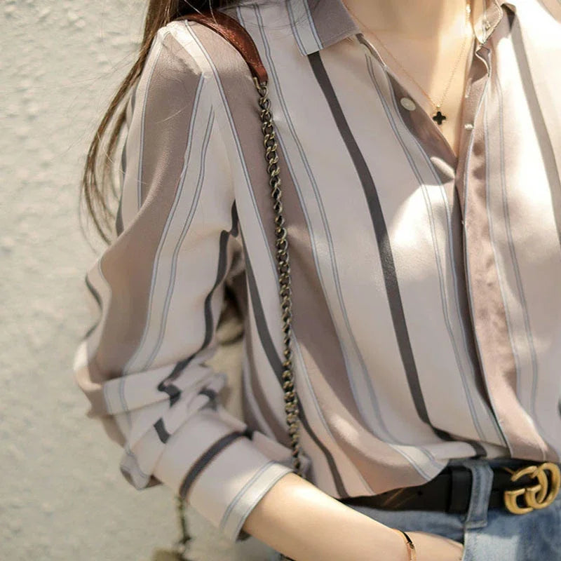 Striped Long Sleeve Women's Shirt Vintage-Inspired Loose Fit Casual Blouse Lightweight Tops for Spring and Everyday Wear