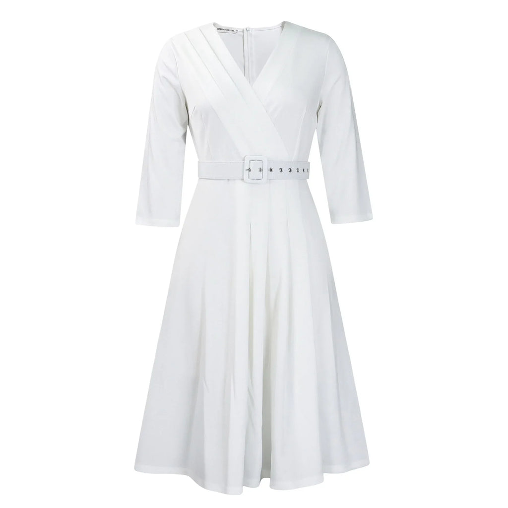 V Neck Office Dress For Women Belted Pleated Mid Calf