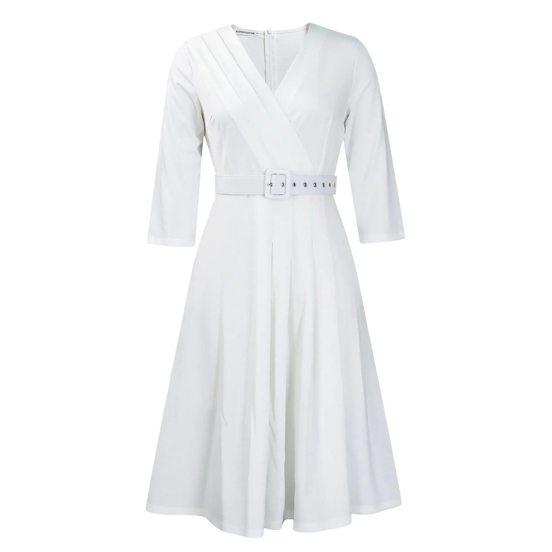 V Neck Office Dress For Women Belted Pleated Mid Calf