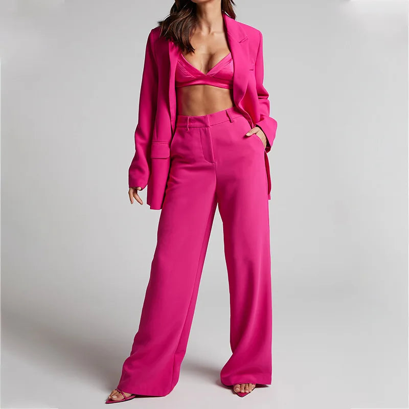 Elegant Women's Blazer Set with High Waisted Pants for Stylish Office Wear in Solid Colors Perfect for All Seasons