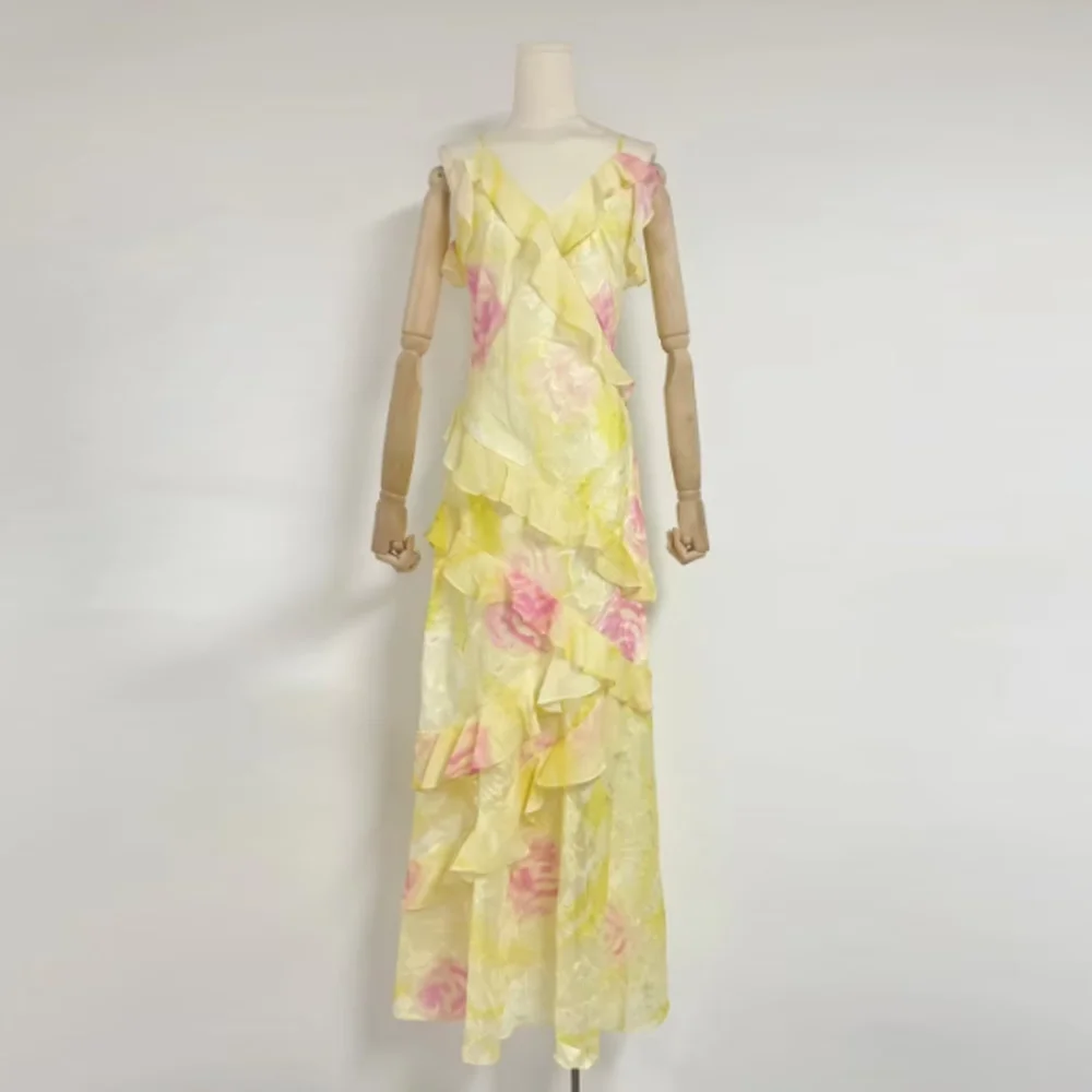 V Neck Sleeveless Backless Long Dress With Ruffles For Women