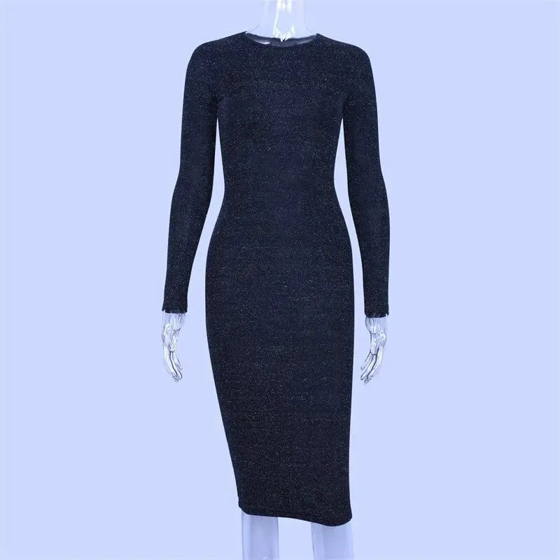 Black Midi Dress Long Sleeve Party Evening Streetwear