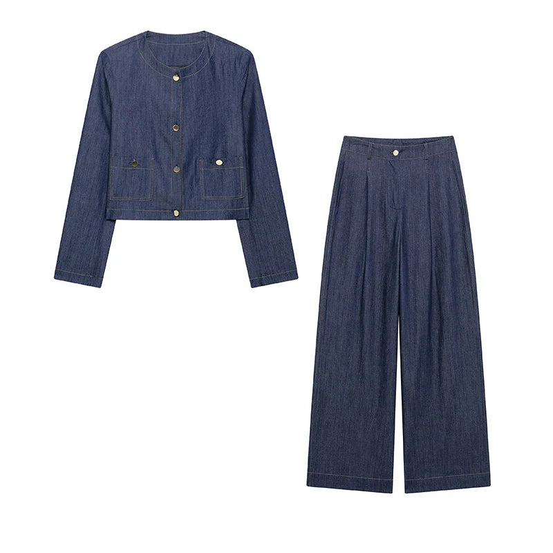 Chic Women's 2 Piece Set with Solid Single Breasted Jacket and Vintage Front Zipper Trousers