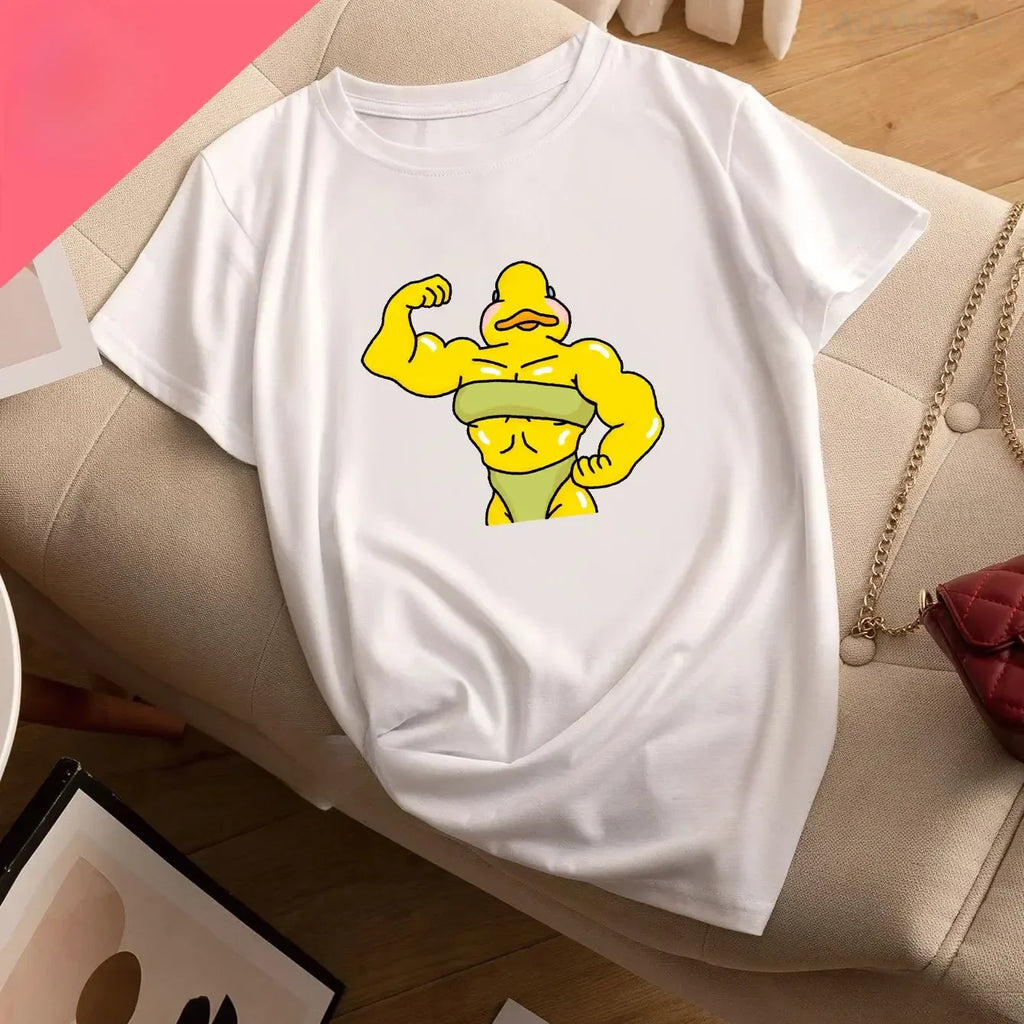 Funny Duck Print Casual Women's Sports T-Shirt Round Neck Short Sleeve Activewear Top