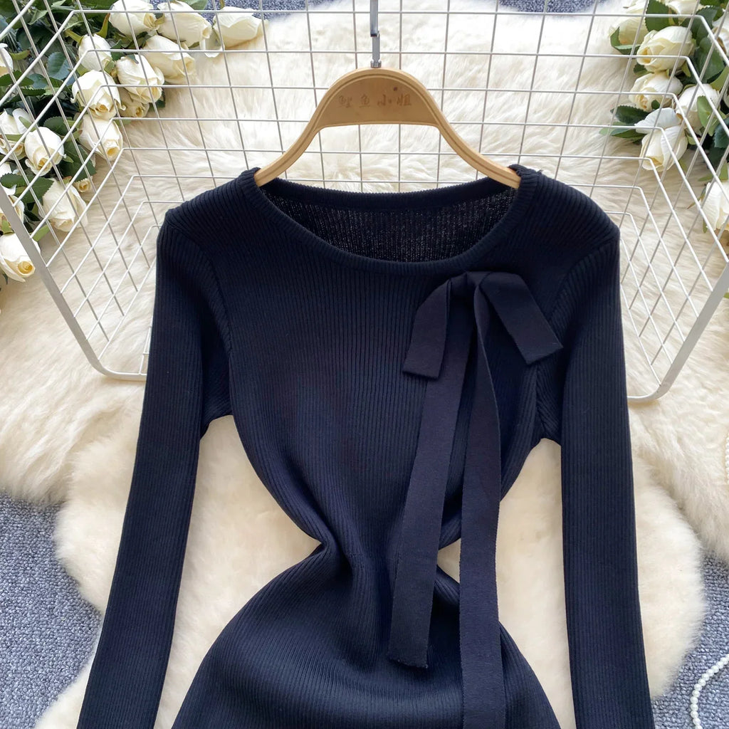Knitted Short Dress With O Neck Bow Bodycon Chic Style