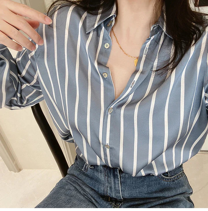 Vintage Striped Satin Women's Blouse Long Sleeve Turn-Down Collar Casual Loose Fit Shirt for Spring and Autumn