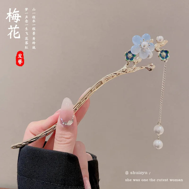 Elegant Enameled Flower Tassel Hair Clip Alloy Hairpin for Women Stylish Chinese Hair Accessory
