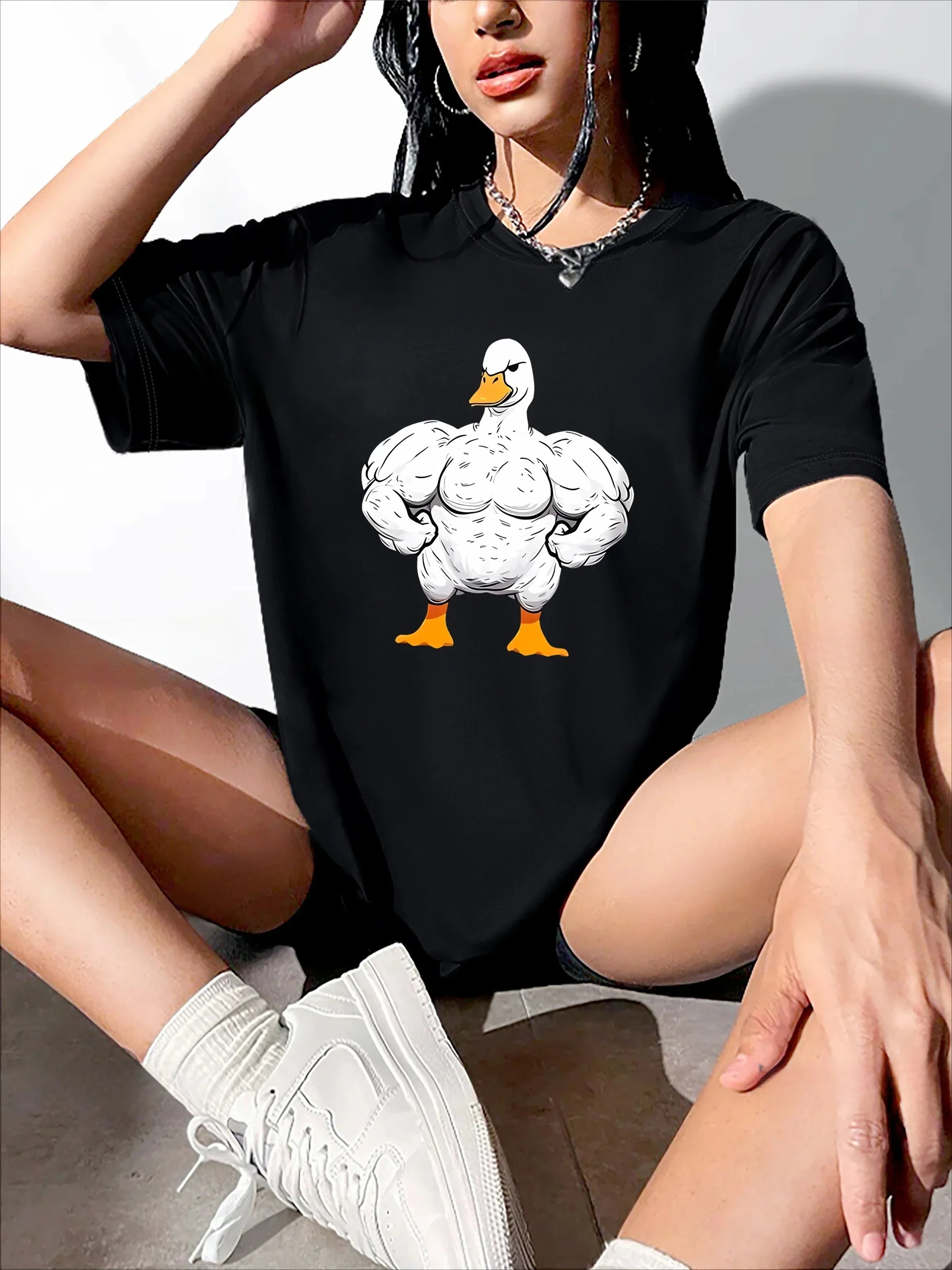 Funny Duck Print Casual Women's Sports T-Shirt Round Neck Short Sleeve Activewear Top