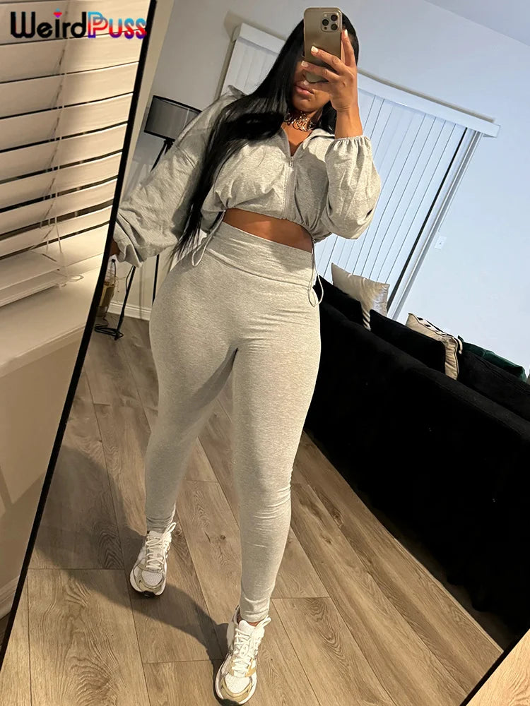 Weird Puss Tracksuit Women 2 Piece Set Casual Zip Thin Drawstring Crop Jacket and Leggings Matching Sporty Suit