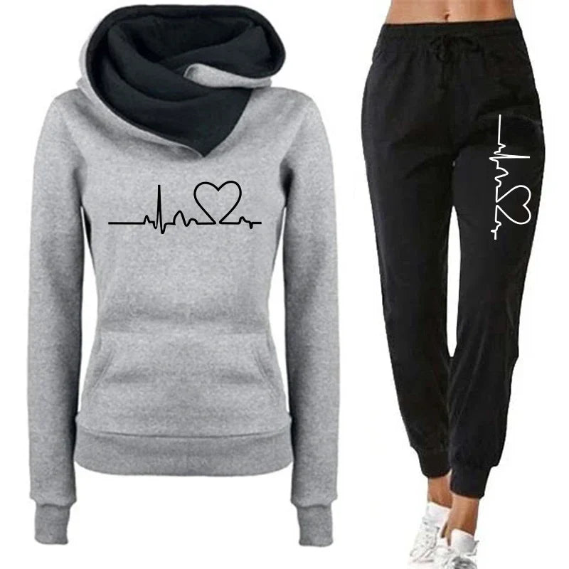 Womens Casual Tracksuit Set with Double Neck Hooded Sweatshirt and Heart Print Sweatpants for Autumn and Winter