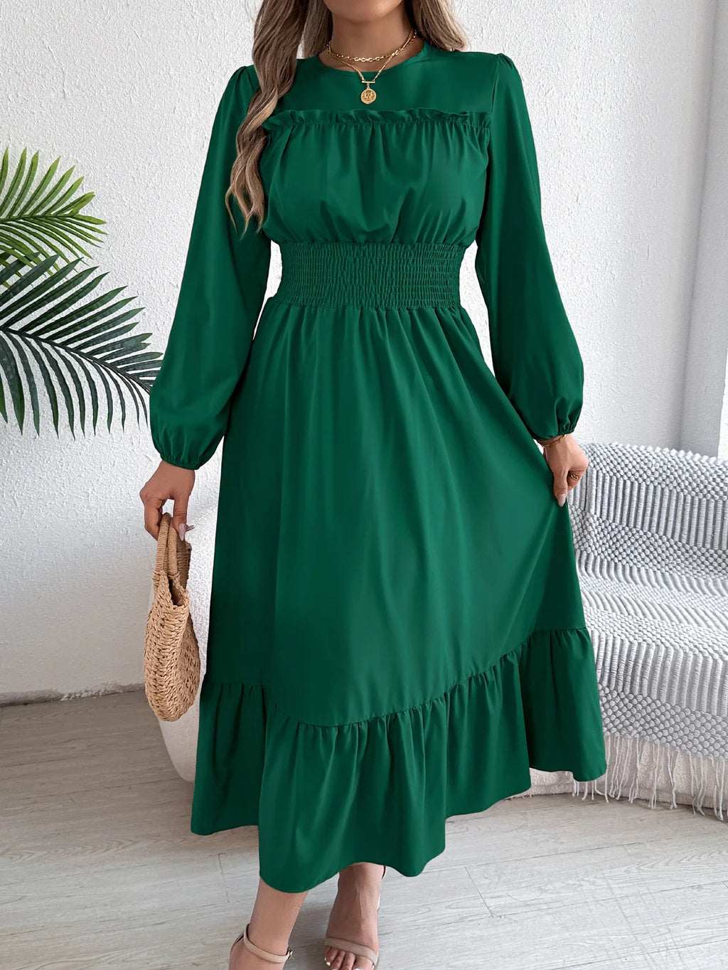 Elegant Long Sleeve Dress With Cinched Waist Solid Color