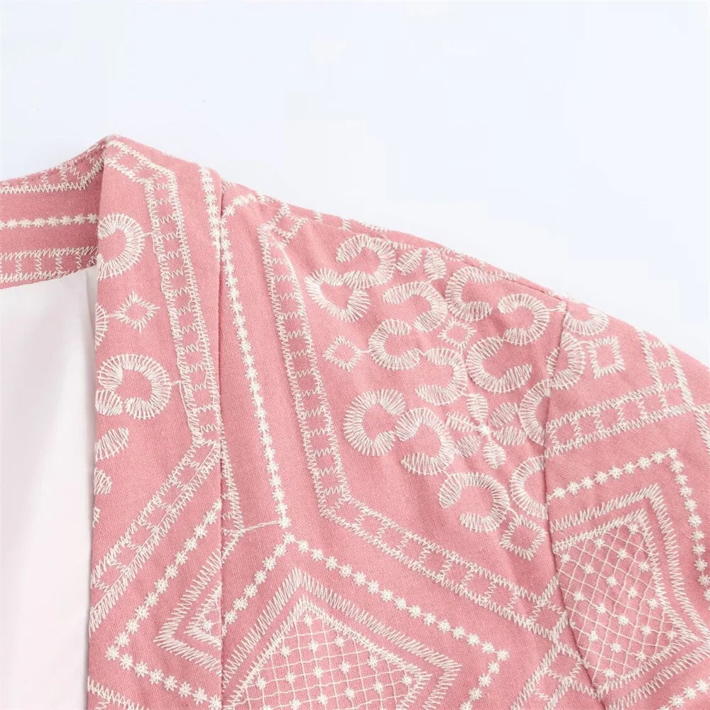 V-Neck Embroidered Kimono Style Mid-Length Windbreaker and High Waisted Straight Leg Pants Set for Women