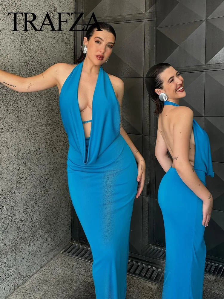 Blue Backless Off Shoulder Long Dress For Women Evening