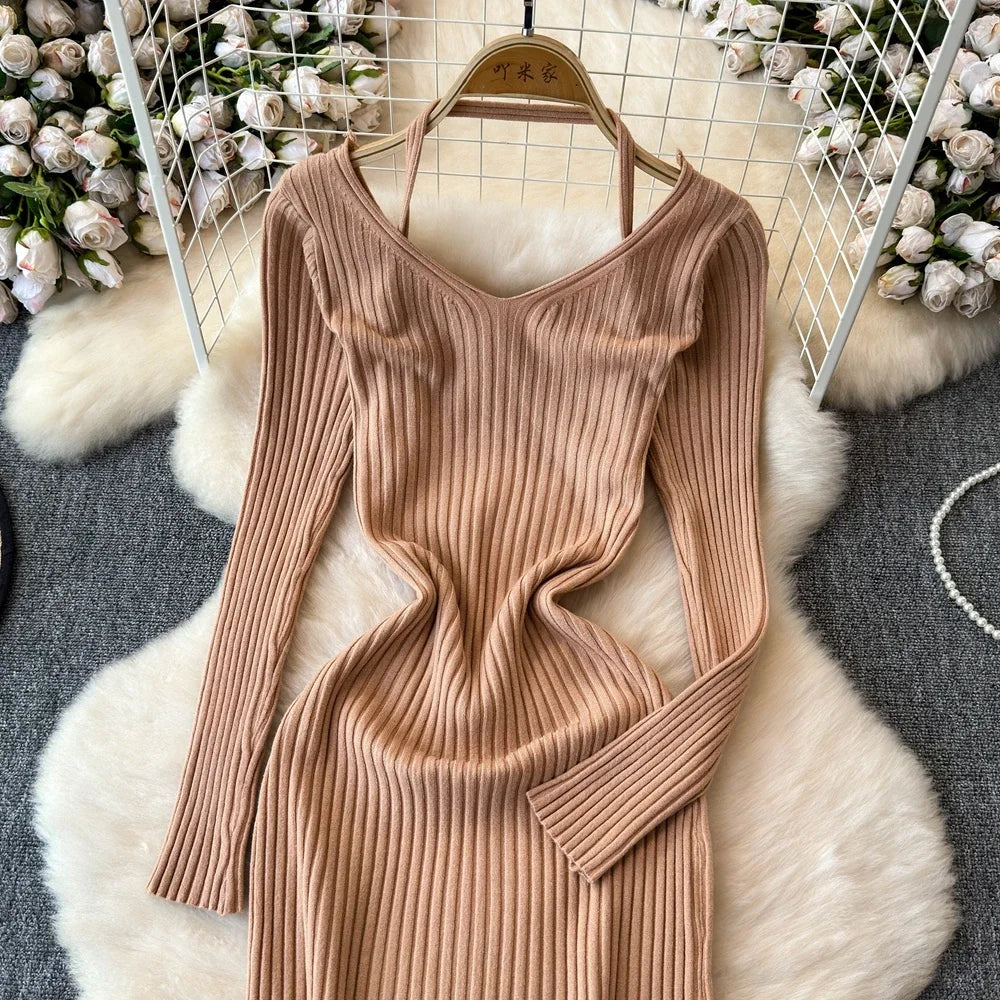 White Long Sleeve V Neck Lace Up Elegant Dress For Women