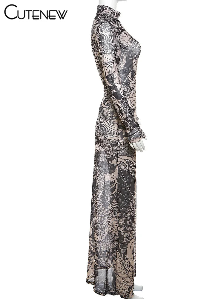 Elegant Long Sleeve Printed Maxi Dress With O Neck
