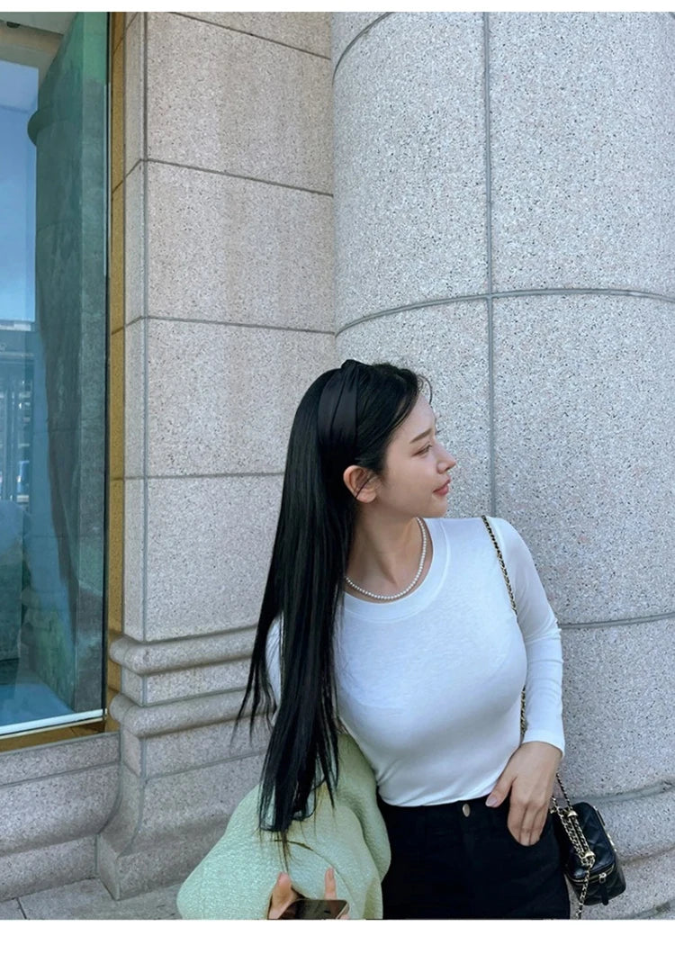 Korean Style Slim Fit Cotton Long Sleeve T Shirt for Women Soft Transparent Summer Tee