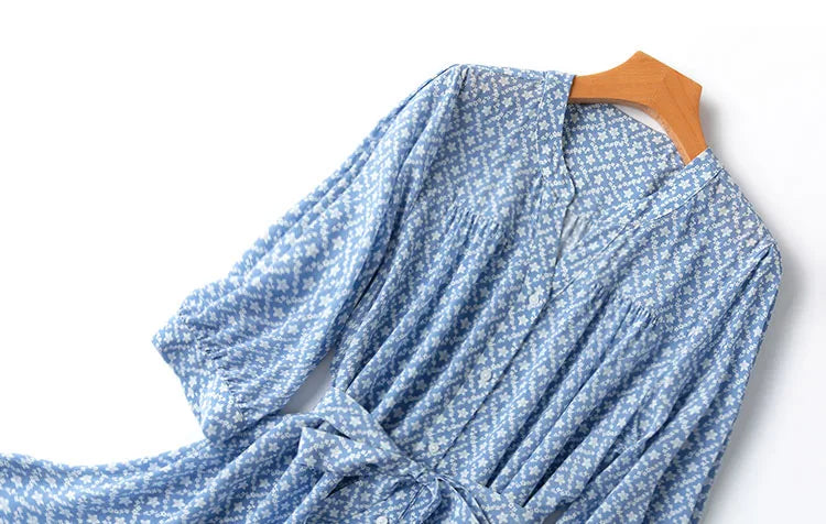 Silk Midi Dress For Women Blue Floral Ruffles V Neck