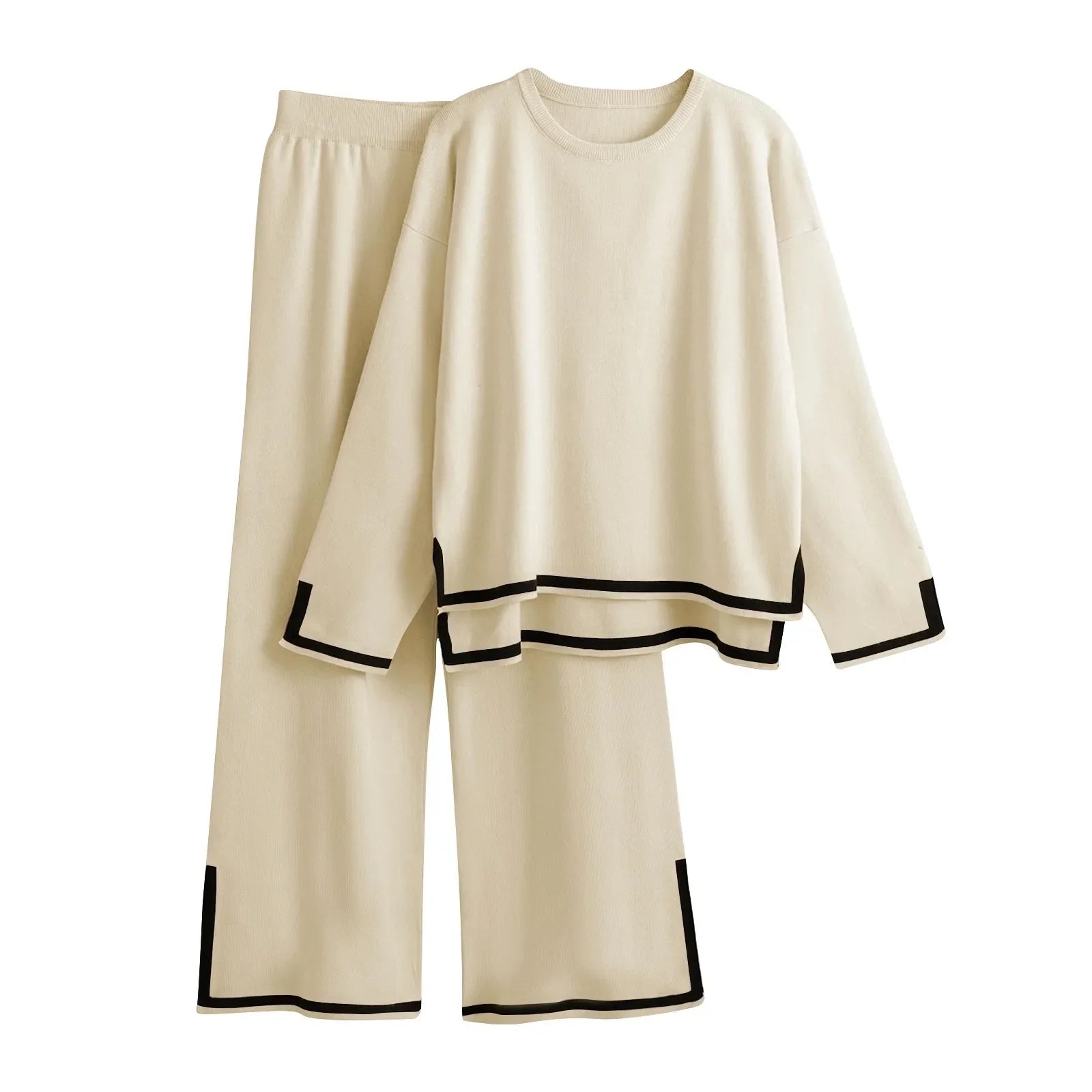 Knitted Women's Casual Two Piece Set with Long Sleeve Sweater and Wide Leg Pants for Comfortable Homewear
