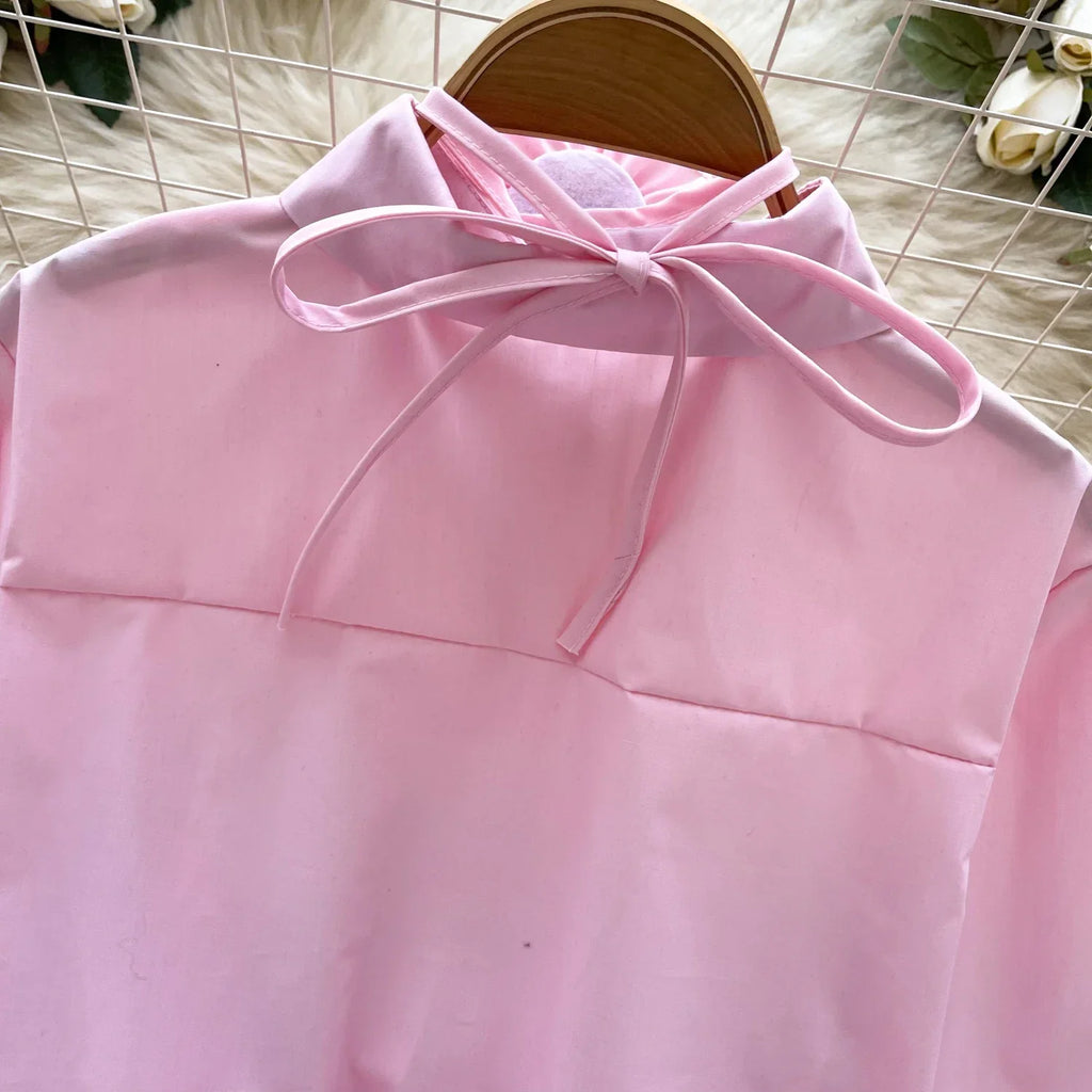 Women's 3D Floral Long Sleeve Blouse Single Breasted Turn-Down Collar Slim Fit Solid Color Shirt