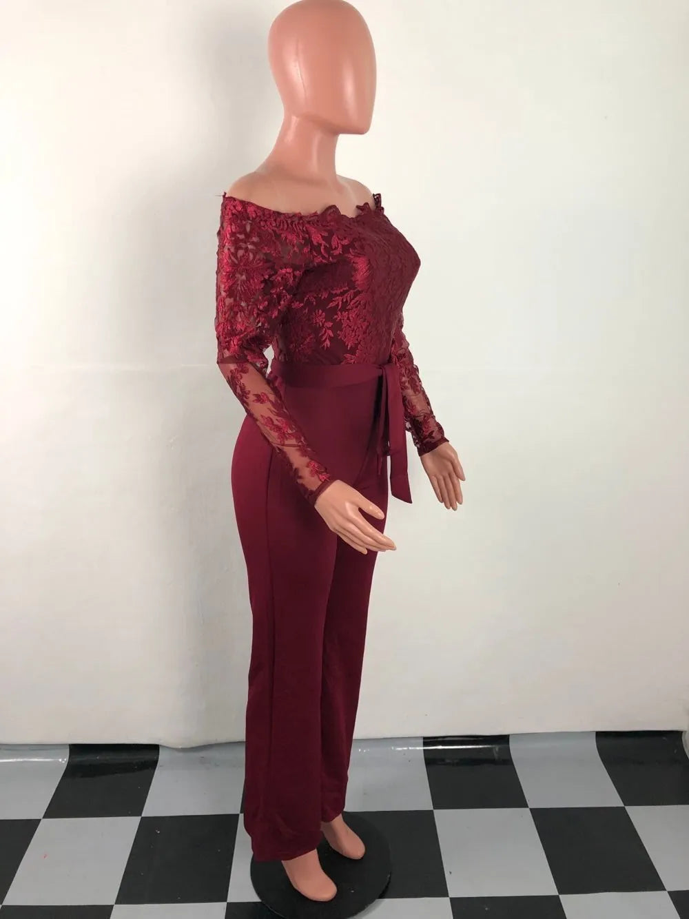 Appliques Lace Patchwork Off Shoulder Jumpsuit for Women with Slash Neck Long Sleeve and Elegant Wide Leg Pants Party Overalls