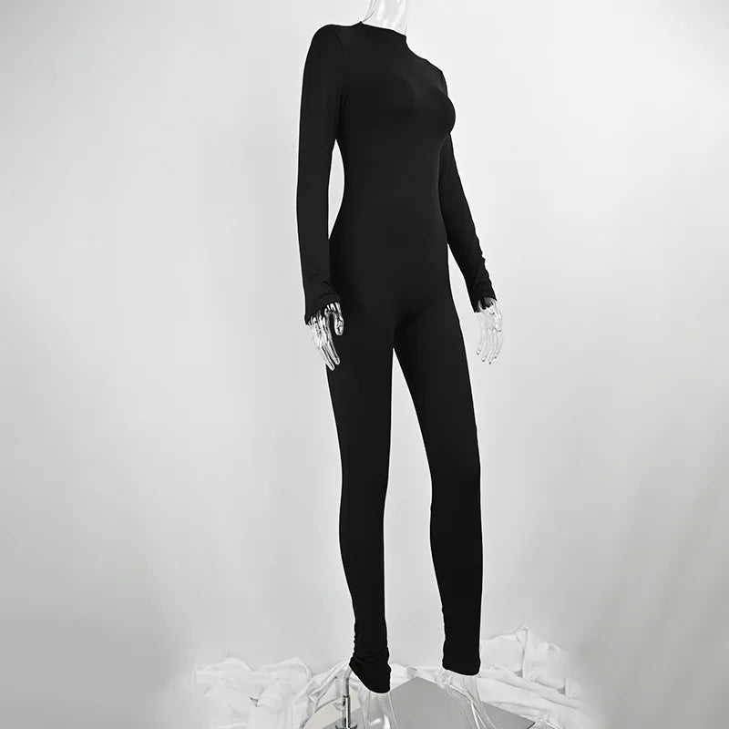 Sexy Black Autumn Long Sleeve Jumpsuit for Women O-Neck Solid Bodycon Skinny Romper Casual Streetwear Fashion Sporty Fit