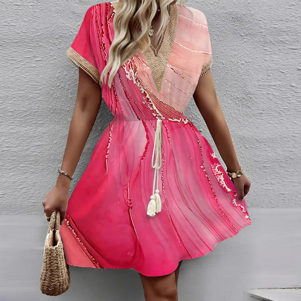 Bat Sleeve Lace Waist Wrap Dress V Neck Printed Midi Length