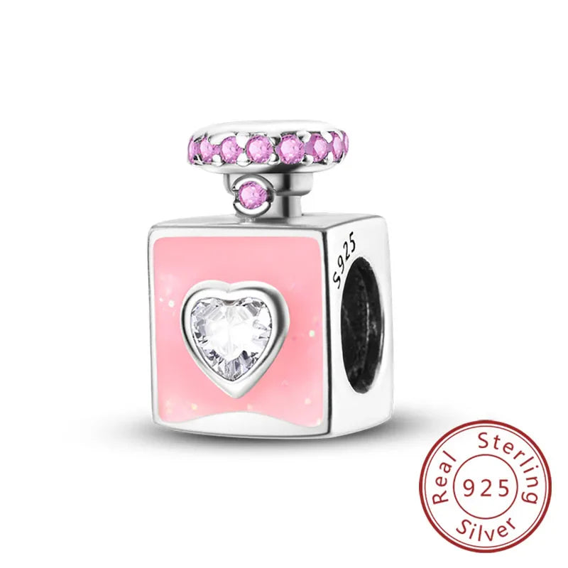 Fit 925 Sterling Silver Bow Perfume Bottle Pink Charms Beads for Women DIY Jewelry Gifts